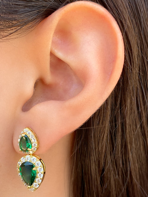 Par Arete Dorados Doble Gota Verde Con Zirconias