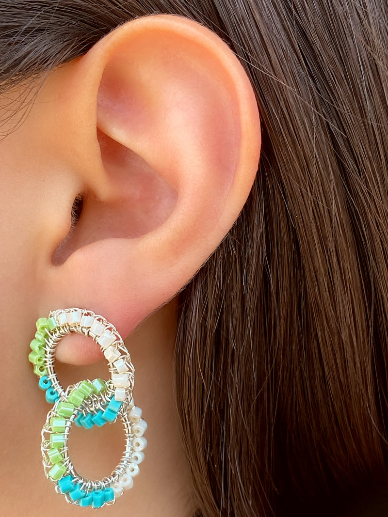 Par Arete Doble Circulo Pequeño Celeste y Verde