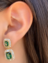 Par Arete Dorado Con Baguettes y Piedra Verde