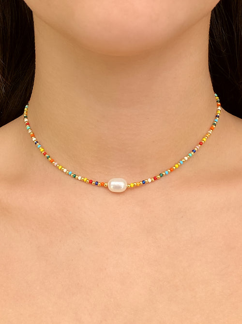 Choker Chaquiras Rainbow, Bolitas Doradas y Perla Natural