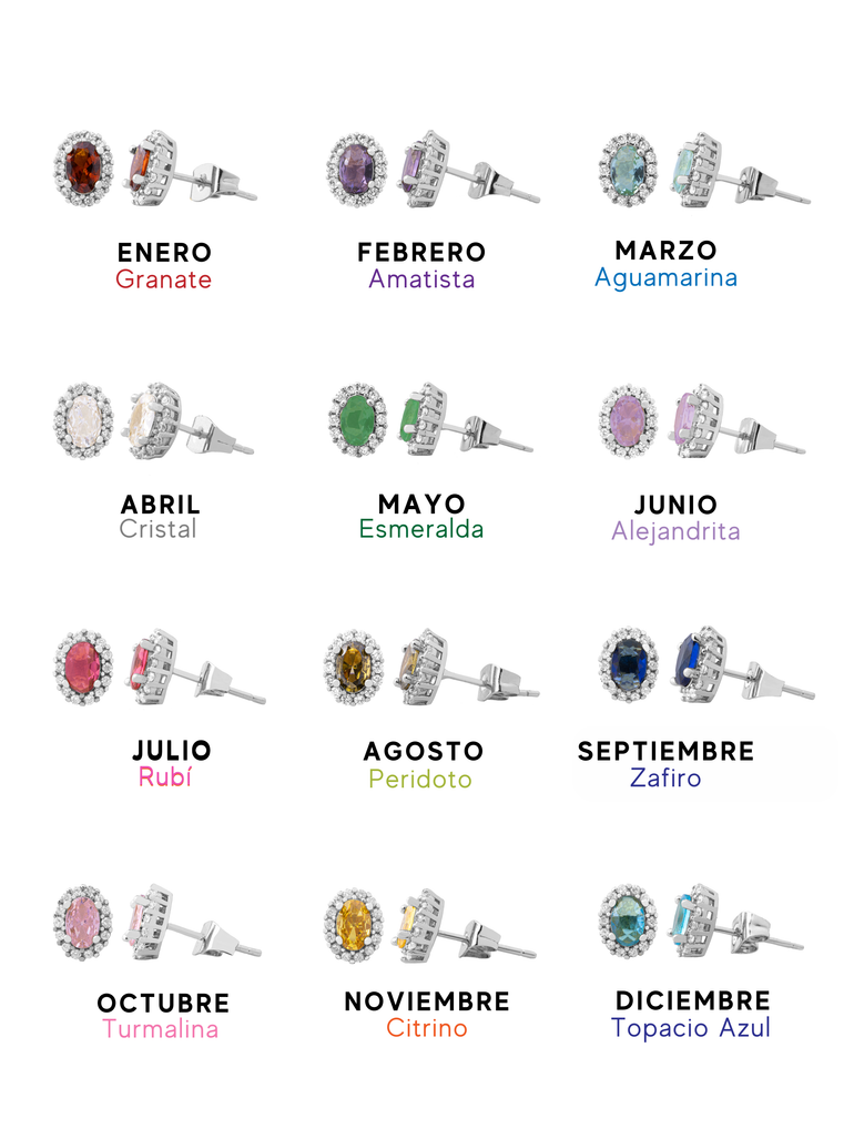 Par Arete Ovalado Birthstone Plateado