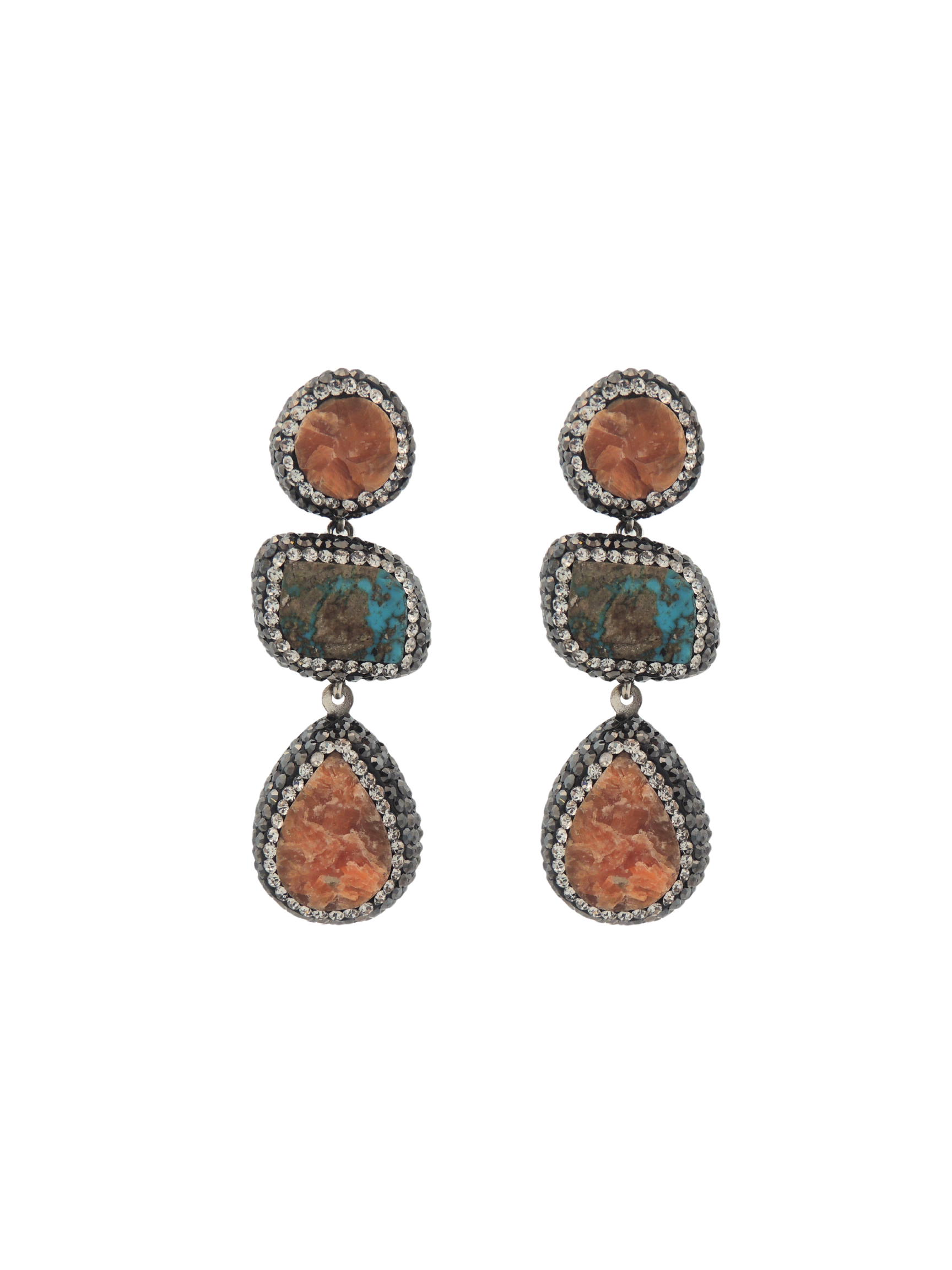 Par Arete Triple Piedra Turquesa y Cuarzo Naranja