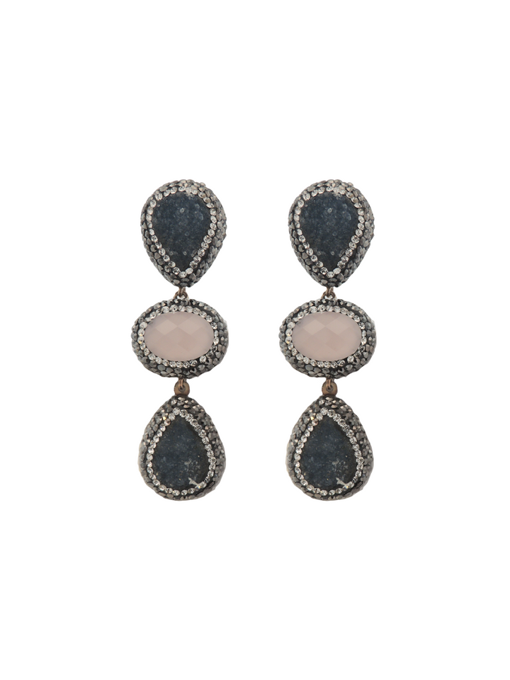 Par Arete Triple Calcita Azul y Hydro Cuadro Rosa
