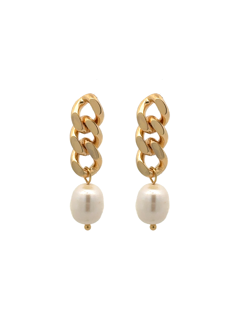Par Arete Cadena Tres Eslabones Con Perla