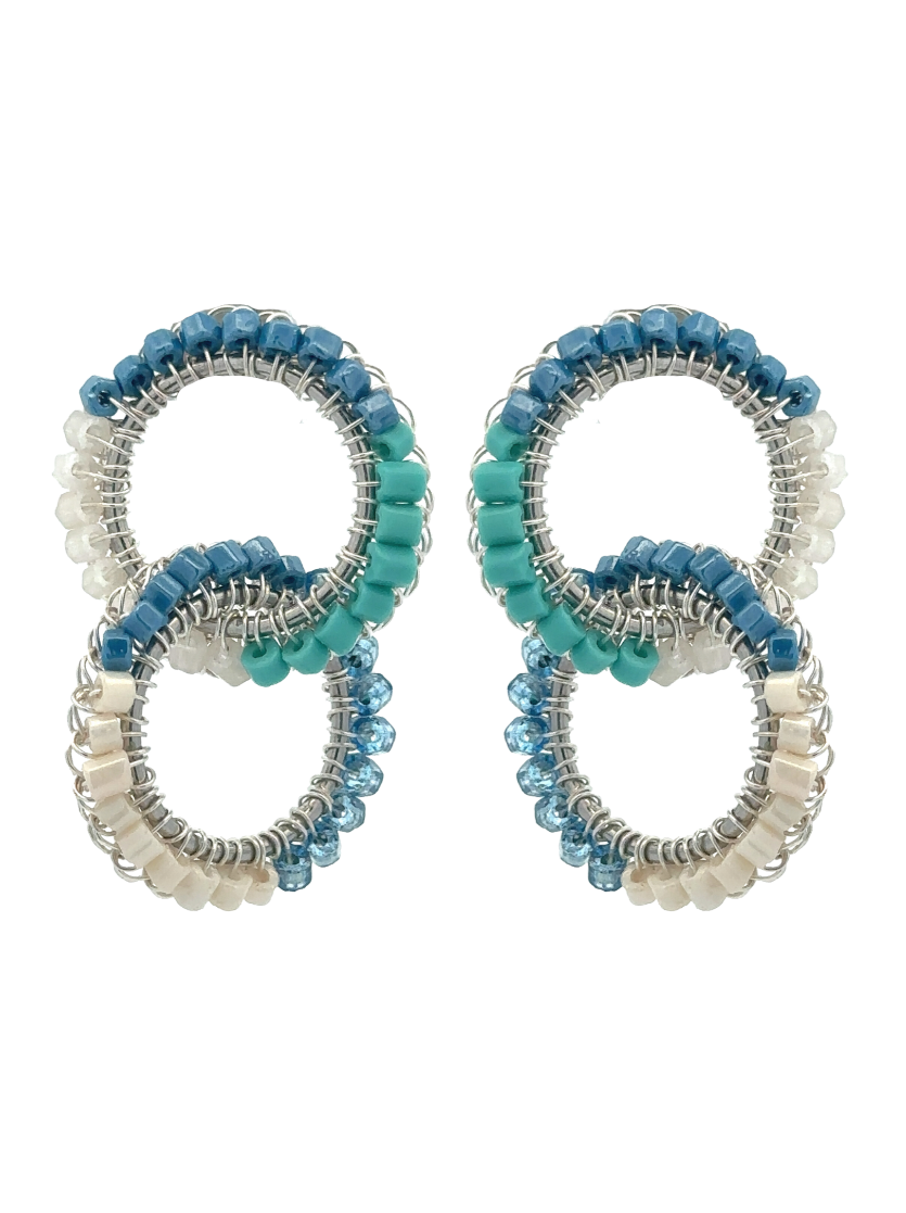 Par Arete Doble Circulo Celeste y Blanco