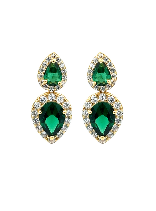 Par Arete Dorados Doble Gota Verde Con Zirconias