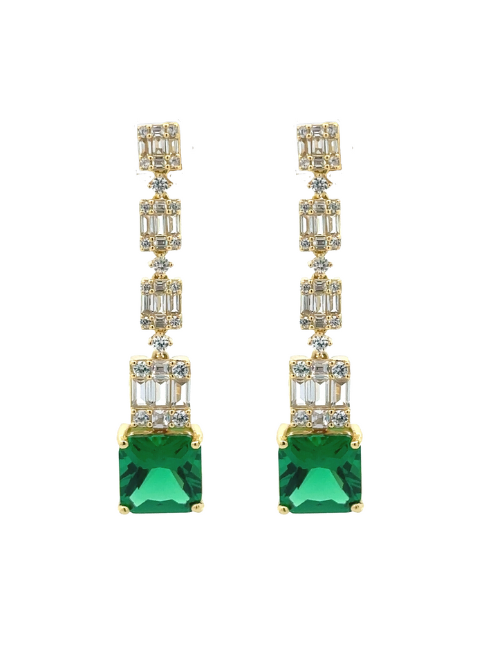 Par Aretes Dorados Tira Baguettes Con Piedra Verde
