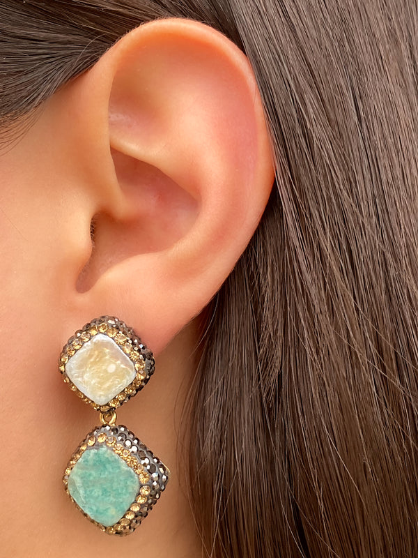 Par Aretes Perla y Amazonita