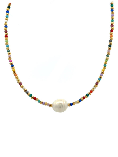 Choker Chaquiras Rainbow, Bolitas Doradas y Perla Natural