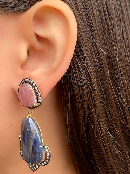 Coleccion India Par Arete Piedra Rosa y Azul