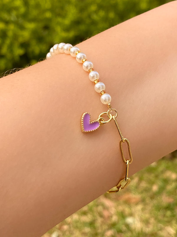 Pulsera Perlas y Cadena Corazón Morado