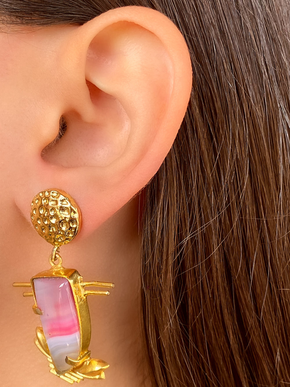COLECCION INDIA PAR PIEDRA ROSA/GRIS RECTANGULAR DORADO