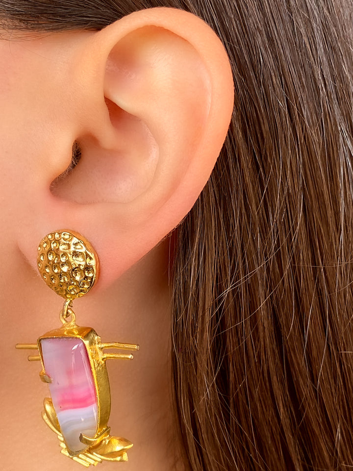 COLECCION INDIA PAR PIEDRA ROSA/GRIS RECTANGULAR DORADO