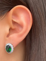 Par Aretes Plateados Piedra Verde Ovalada