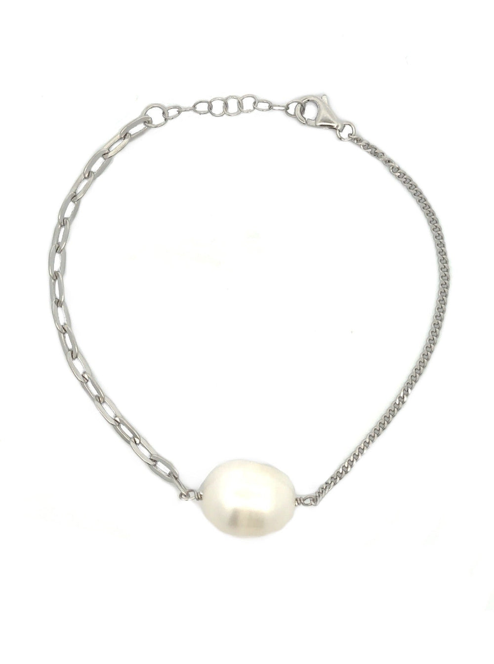 Pulsera Mitad Eslabon, Mitad Cadena y Perla