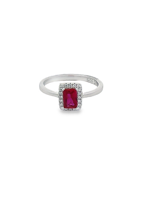 Anillo Plateado con Baguette Rojo