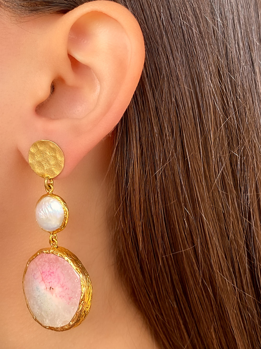 COLECCION INDIA PAR PIEDRA PERLA ROSA/BLANCO DORADO